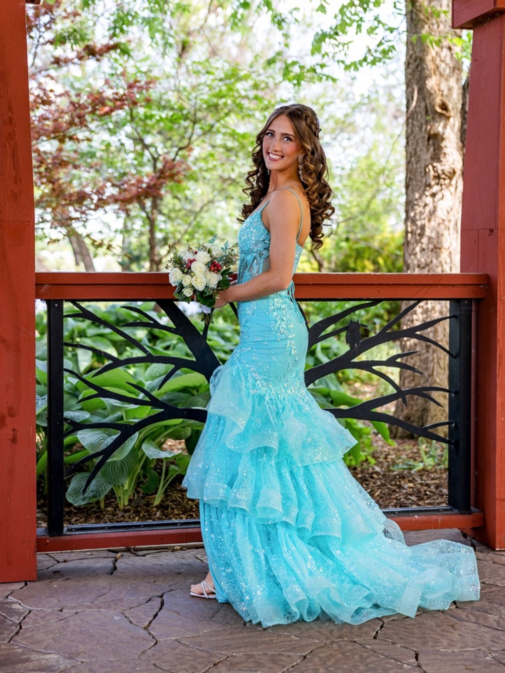 Aqua Sequined Ruffled Mermaid Prom Gown
